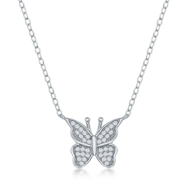 Sterling Silver CZ Micro Pave Butterfly Stud Earring & Necklace Set 16 2 Ext. 